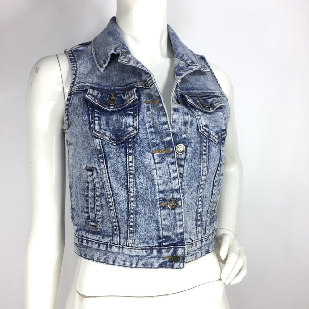 F21 Acid Wash Denim Vest Jean Jacket - Picture 7 of 8